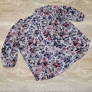 CHAPS WOMENS FLORAL SHEER V NECK POLY TOP SIZE 1X